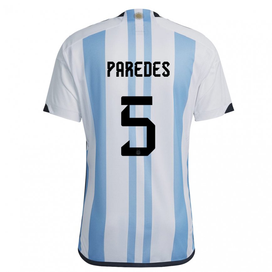 Niño Camiseta Argentina Leandro Paredes #5 Blanco Cielo Azul 1ª Equipación 22-24 México