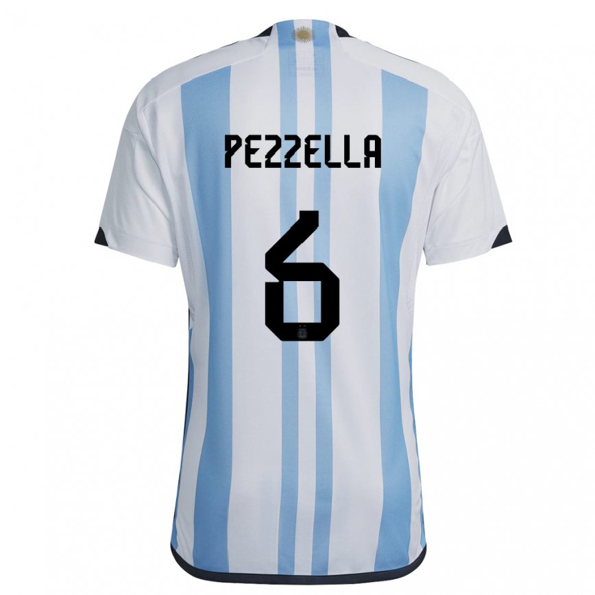 Niño Camiseta Argentina German Pezzella #6 Blanco Cielo Azul 1ª Equipación 22-24 México