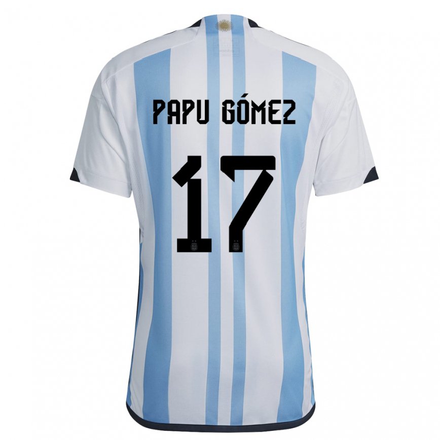 Niño Camiseta Argentina Papu Gomez #17 Blanco Cielo Azul 1ª Equipación 22-24 México