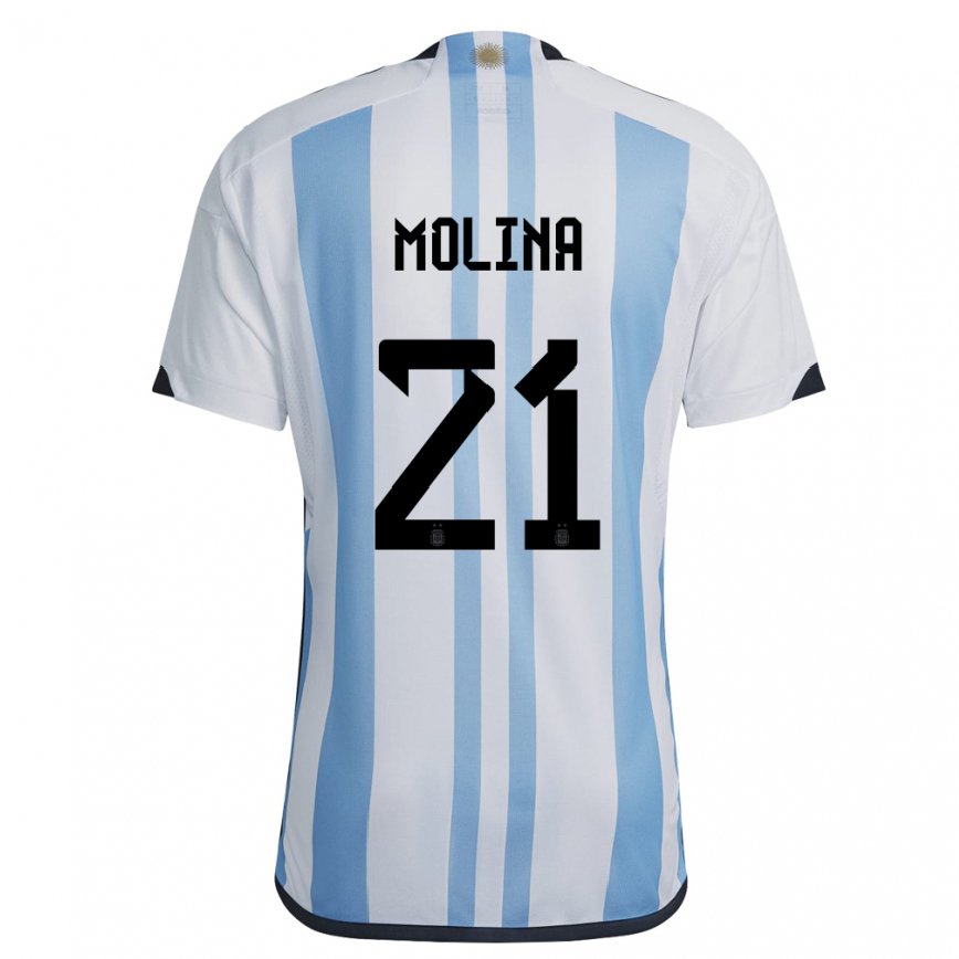 Niño Camiseta Argentina Nahuel Molina #21 Blanco Cielo Azul 1ª Equipación 22-24 México