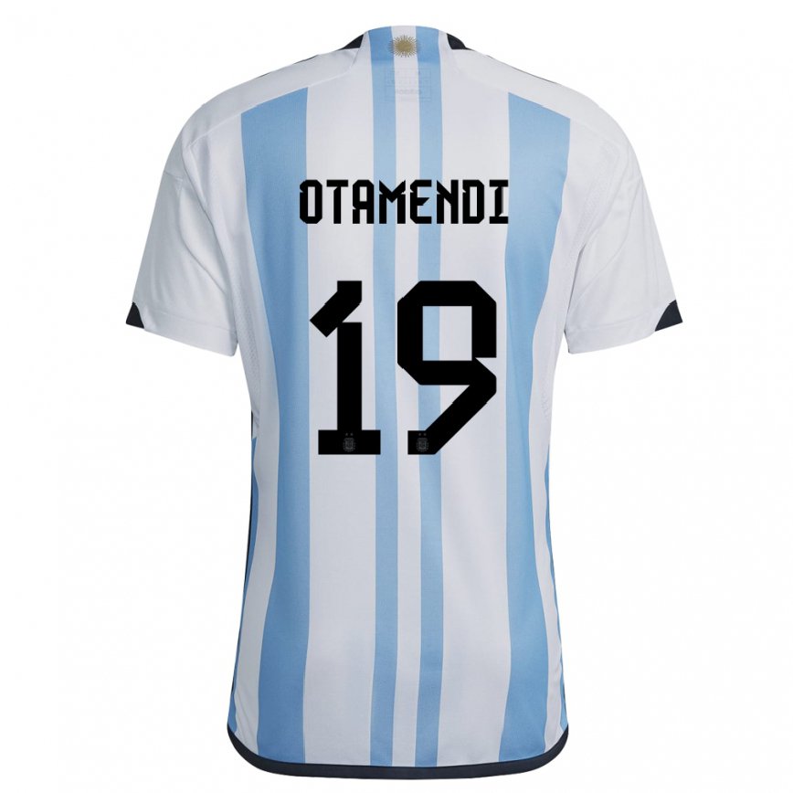 Hombre Camiseta Argentina Nicolas Otamendi #19 Blanco Cielo Azul 1ª Equipación 22-24 México