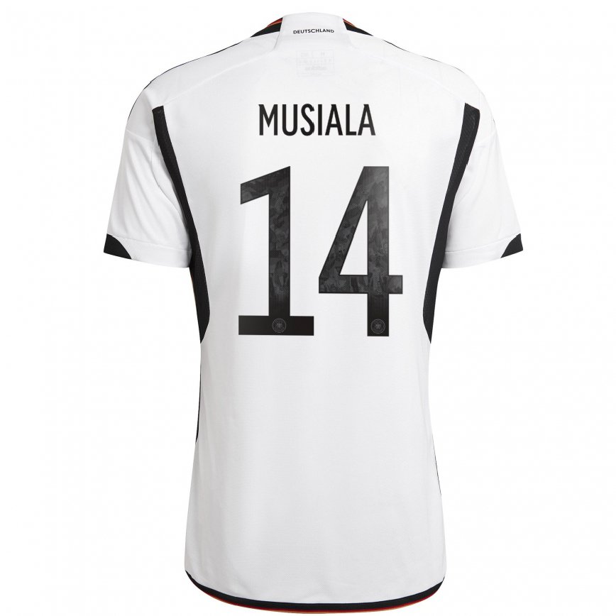 Hombre Camiseta Alemania Jamal Musiala #14 Blanco Negro 1ª Equipación 22-24 México