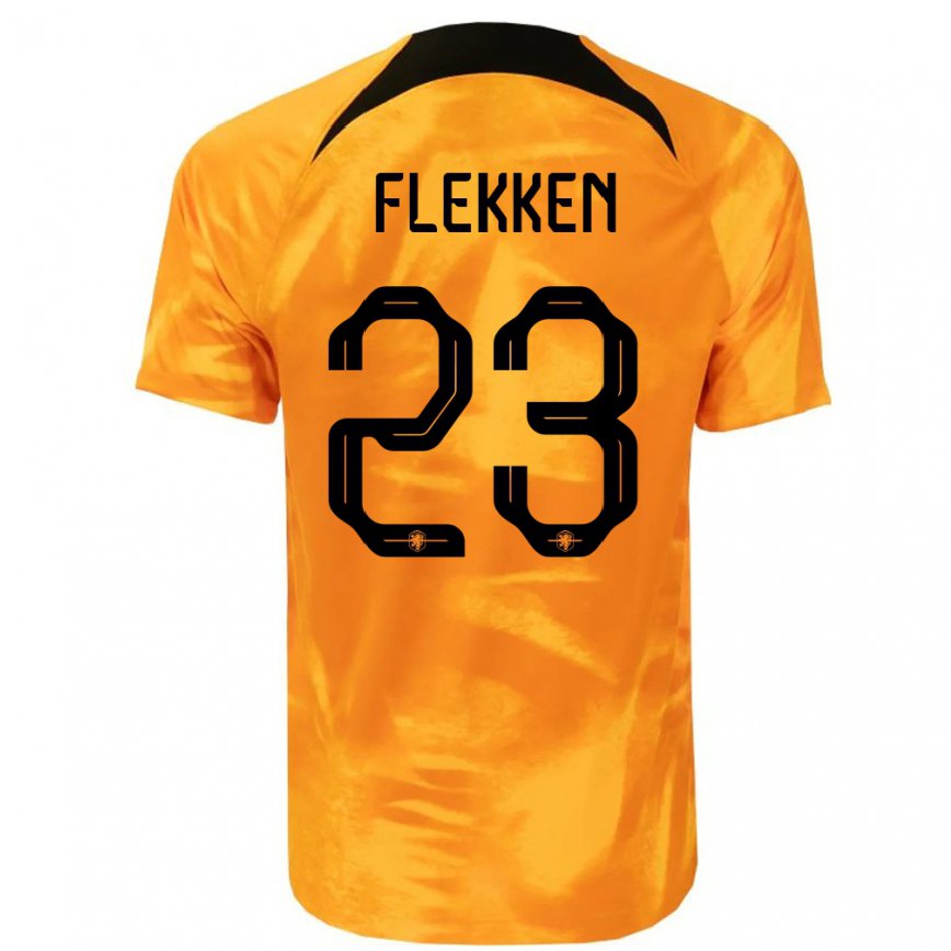 Hombre Camiseta Países Bajos Mark Flekken #23 Naranja Láser 1ª Equipación 22-24 México