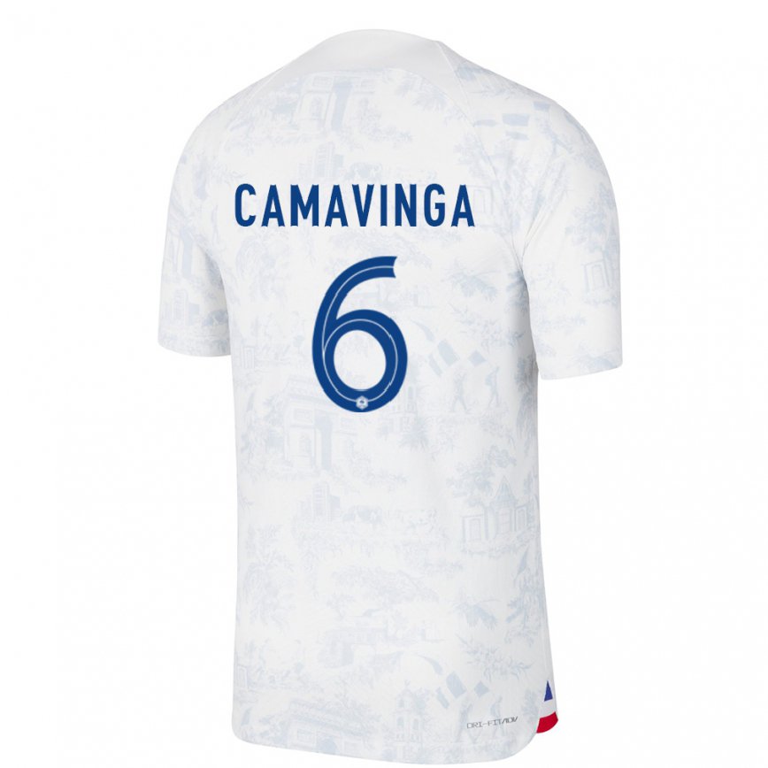 Hombre Camiseta Francia Eduardo Camavinga #6 Blanco Azul 2ª Equipación 22-24 México