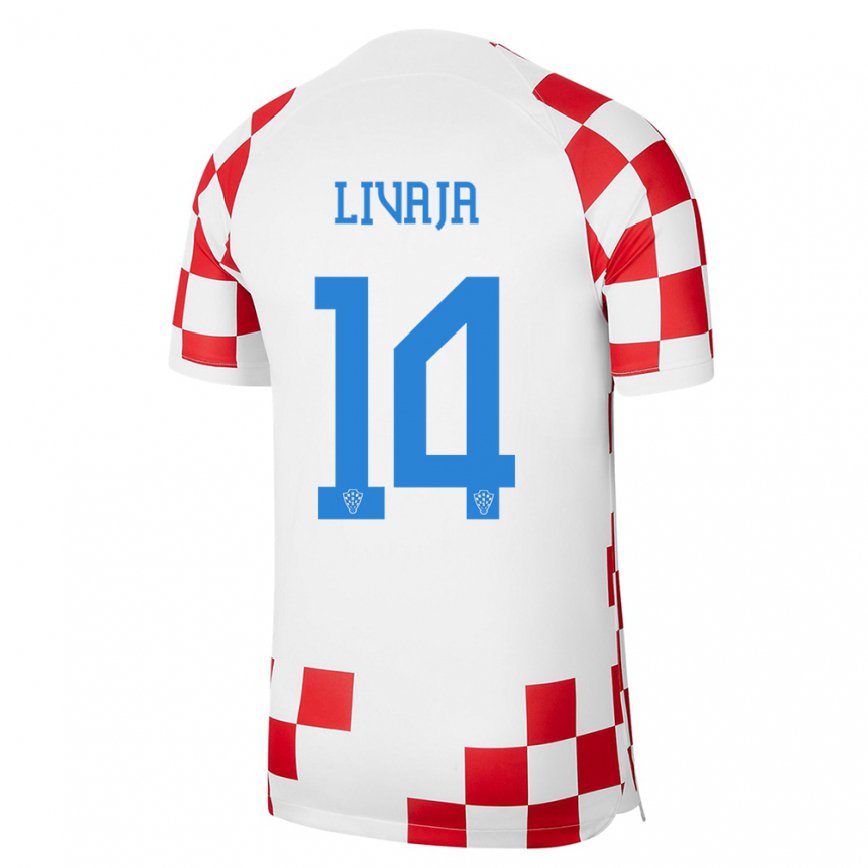 Mujer Camiseta Croacia Marko Livaja #14 Rojo Blanco 1ª Equipación 22-24 México