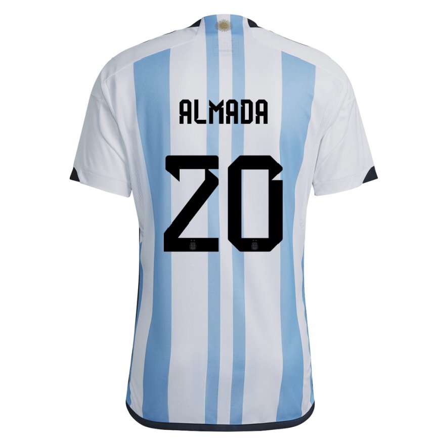 Hombre Camiseta Argentina Thiago Almada #20 Blanco Cielo Azul 1ª Equipación 22-24 México